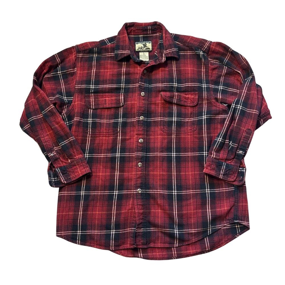 Field & Stream Mens Large Red Black Plaid Flannel Shirt Heavyweight 100% Cotton